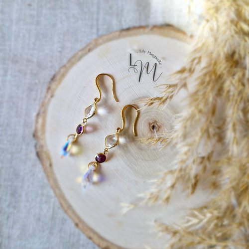 Boucles d'oreilles - aéna - doré - lilas - cristal