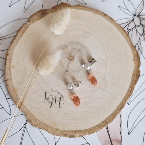 Boucles d'oreilles ombelline argentée, nacrée et corail