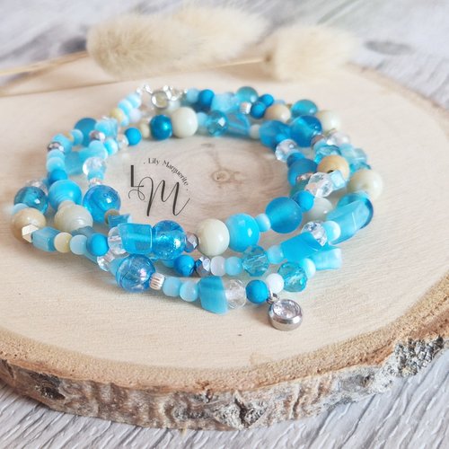 Bracelet - mixed - 3 rangs - turquoise -  beige - argenté