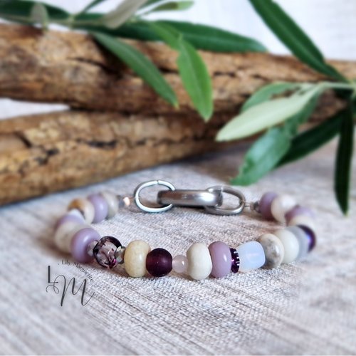 Bracelet - izusa - amazonite -  lilas - blanc - beige