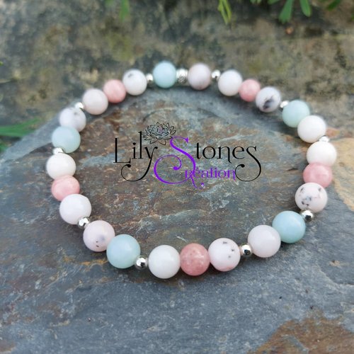 Bracelet douceur pour femme perles de bois et pierres naturelles pierre de lune cadeau anniversaire Noël mariage quartz rose et rhodonite 
