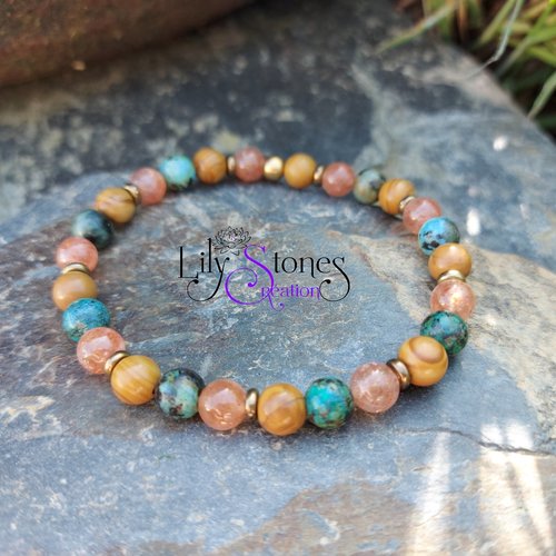 Bracelet optimisme et positivité en pierre de soleil, turquoise africaine et perles bois