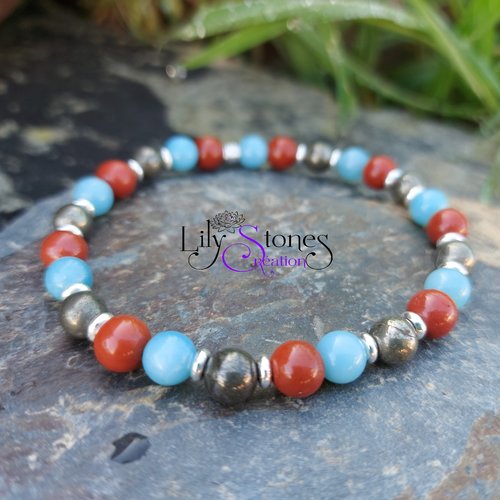 Bracelets aux couleurs peps en jaspe rouge, amazonite et pyrite