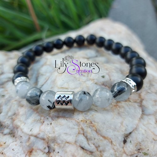 Bracelet homme en onyx mat et quartz inclusion tourmaline