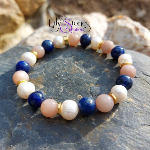 Bracelet pierre de lune, lapis lazuli et perles d'eau douce