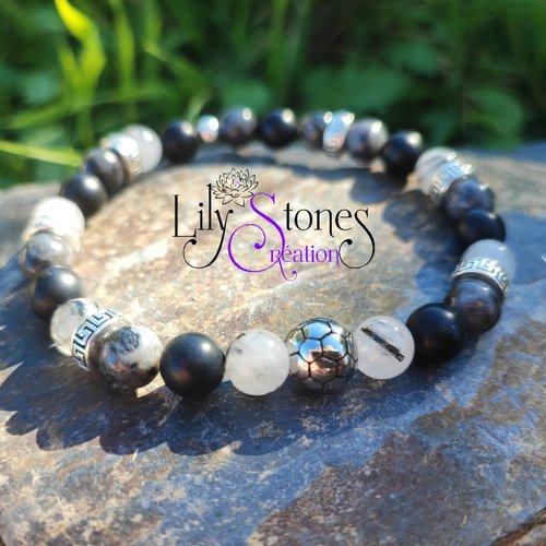 Bracelet onyx, larvikite et quartz tourmaline avec sa perle ballon de foot en acier