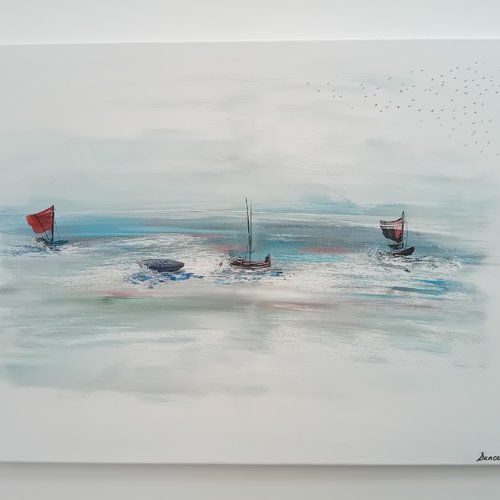 Grande toile avec voiliers peint - "danse de voiliers" - 79.50x60 cm