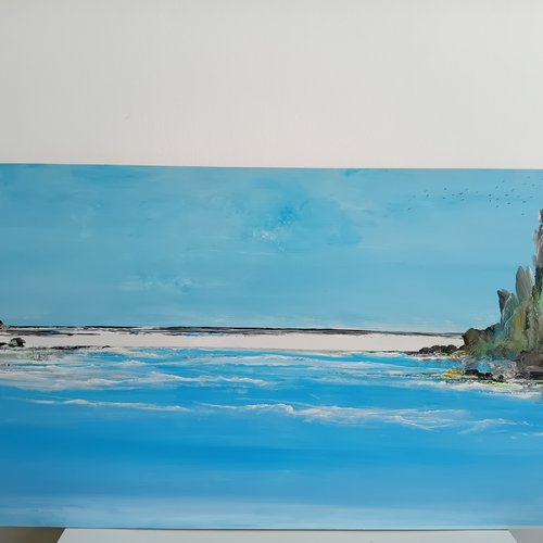 Grand tableau marin peint  : bord de mer océan indien - 85x45 cm