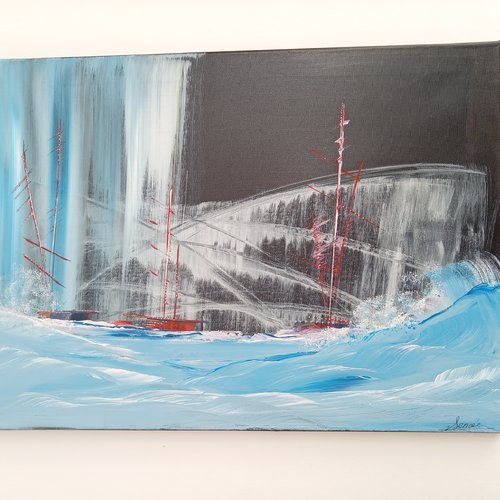 Tableau marin peint  avec voiliers  60 x40 cm