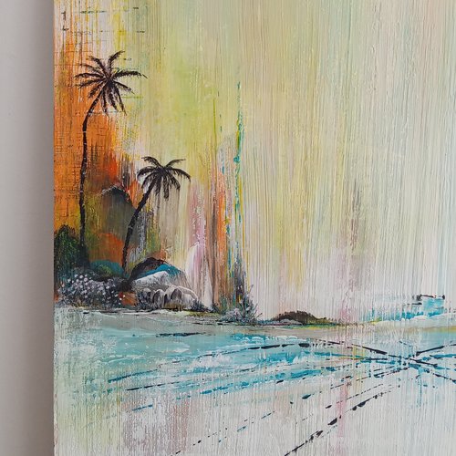 Tableau exotique peint sur bois - paysage bord de mer tropical