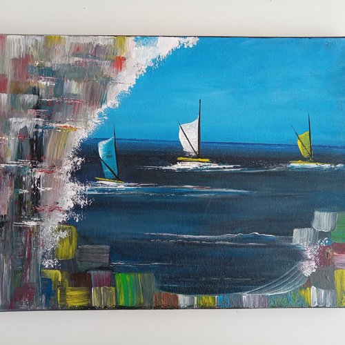 Tableau marin peint avec voiliers 40x30 cm