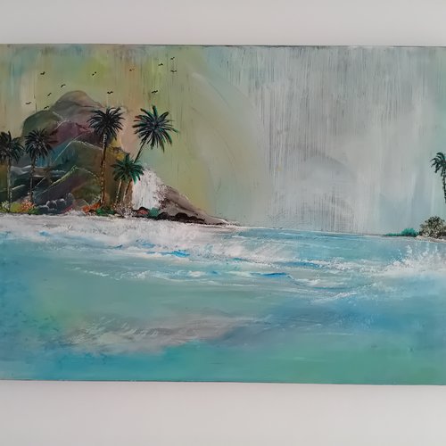 Grand tableau peint peint  (chute d'eau, falaises, palmiers)  60x40 cm