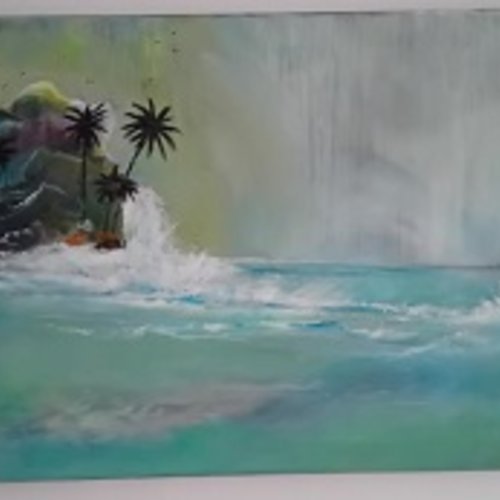 Grand tableau peint peint  (chute d'eau, falaises, palmiers)  60x40 cm
