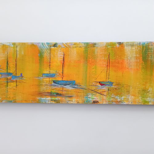 Long tableau marin coloré avec voiliers - 90x30 cm
