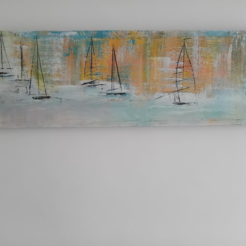 Long tableau marin coloré  avec voiliers - 90x30 cm