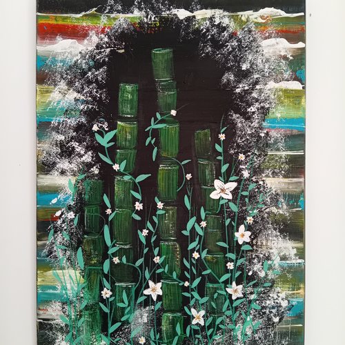 Tableau peint avec motif  bambou - 55x38 cm