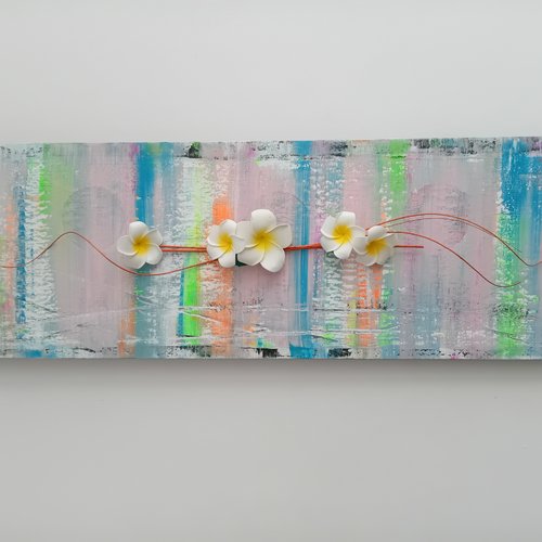 Tableau abstraite exotique avec  bouquet florale (fleurs frangipane) -  90x50 cm