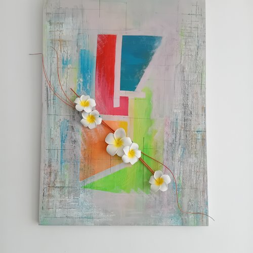 Tableau abstrait avec  bouquet florale exotique (fleurs frangipane) -  70x50 cm
