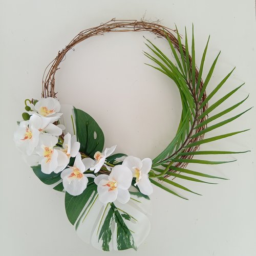 Couronne de vigne exotique (feuille palmier, orchidées) - hauteur 42 cm