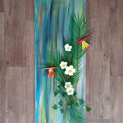Long tableau végétale exotique (florale : feuille palmier, oiseaux de paradis, frangipane...)