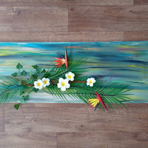 Long tableau végétale exotique (florale : feuille palmier, oiseaux de paradis, frangipane...)