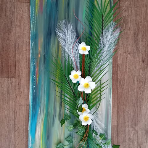 Long tableau végétale exotique (floral : feuille palmier, fleurs frangipane, herbe palma...) 120x40 cm