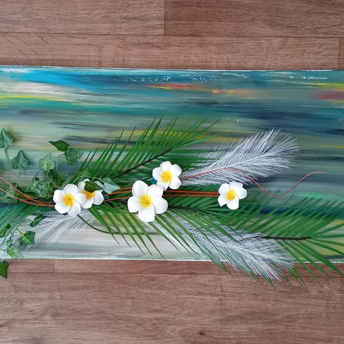 Long tableau végétale exotique (floral : feuille palmier, fleurs frangipane, herbe palma...) 120x40 cm