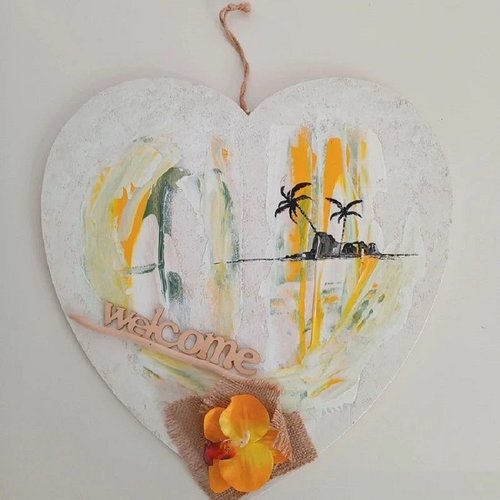Suspension  exotique : grand coeur en bois peint motif palmier "welcome"