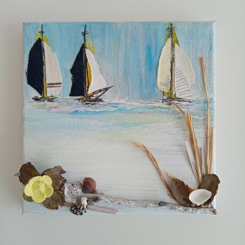 Tableau marin peint avec voiliers en tissu 20x20cm