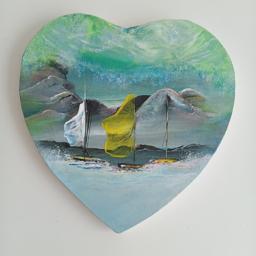 Suspension  : coeur  peint - motif marin, bord de mer avec voilier 30x29 cm