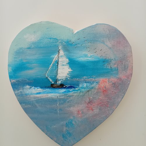 Suspension marine   : coeur  peint  avec voilier - 30x29 cm