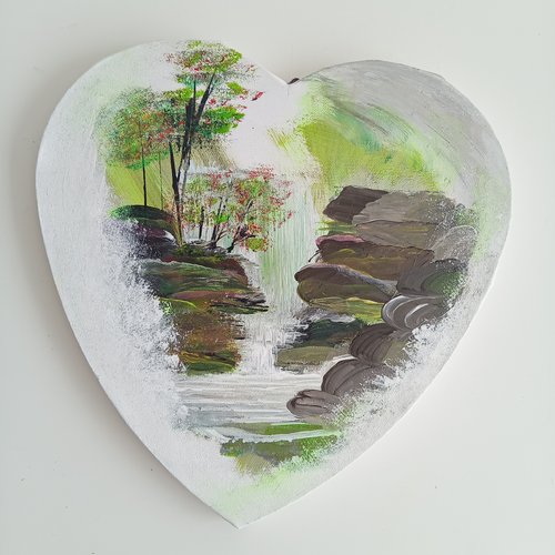 Suspension  : coeur  peint -  chute d'eau  30x29 cm