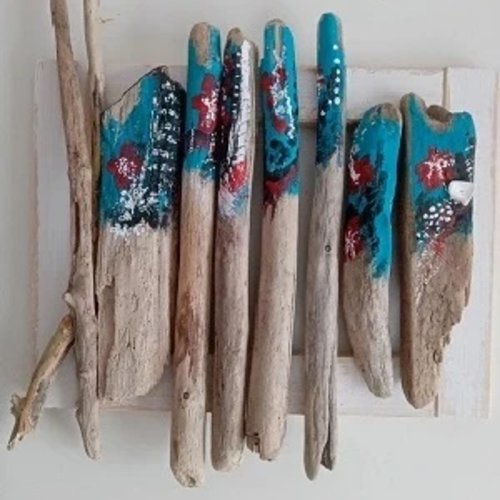 Cadre mural exotique avec poisson en bois flotté peint 38x41 cm