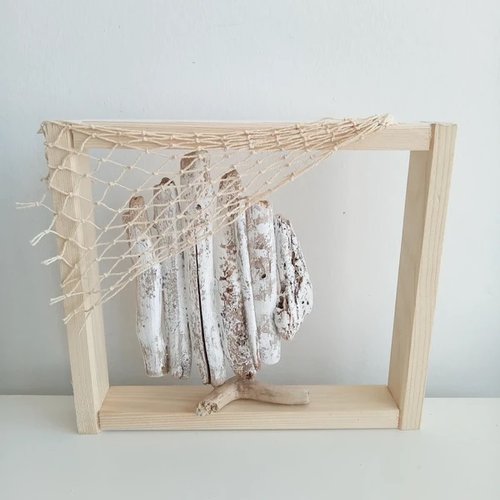 Grand cadre mural avec poisson en bois flotté  31x27 cm