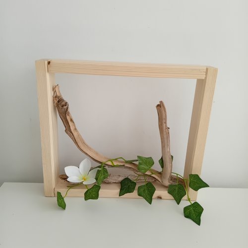 Grand cadre mural florale avec sculpture en bois bois flotté  30x26cm