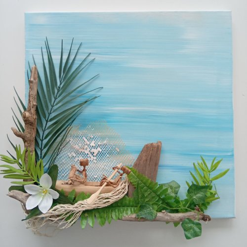 Tableau abstrait peint avec décor tropical marin (bois flotté/barque/feuillage) - 43x44 cm