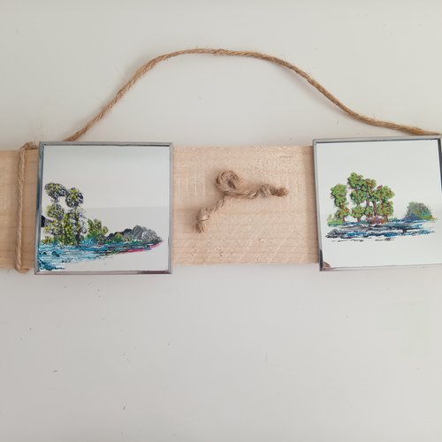 Porte clé mural sur panneau en bois avec 2 miroirs peint