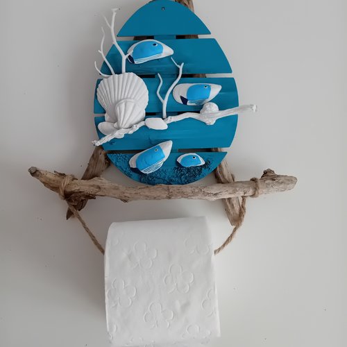 Porte papier toilette motif marin en bois flotté et coquillages peint