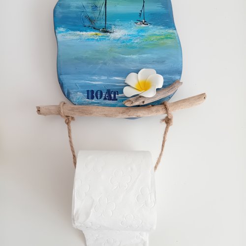 Porte papier toilette marin/exotique avec tronçon de bois peint ( motif voilier)