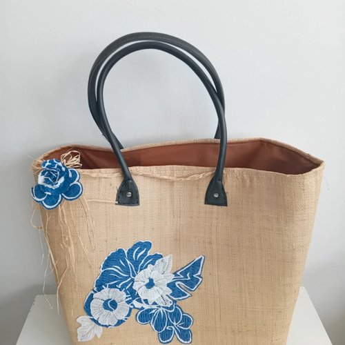 Sac-panier malgache beige avec tissu exotique /dentelle (customisé)