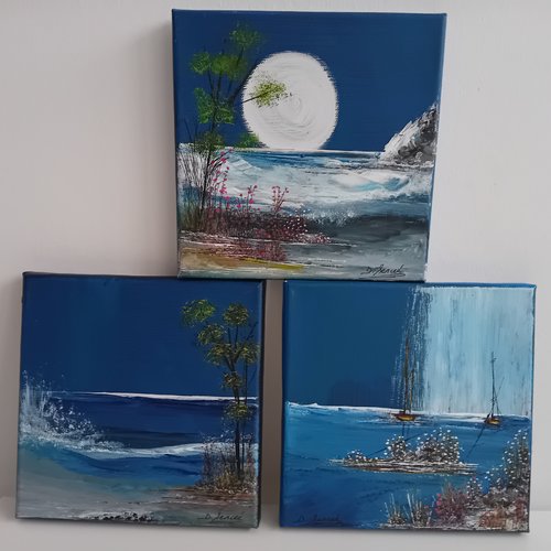 Ensemble de trois tableaux marins peint : motif vagues, chute d'eau