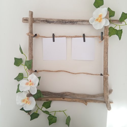 Pêle mêle /porte photo tropical en bois flotté et fleur orchidée 39x40 cm