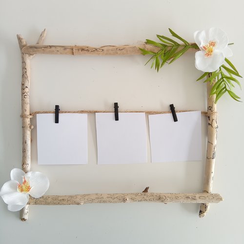 Pêle mêle /porte photo tropical en bois flotté et fleur orchidée 37x34 cm