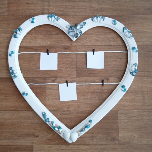 Grand coeur exotique  bleu/blanc  en bois/coquillages - pêle mêle/porte photos