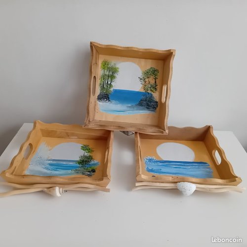 Lot de 3 plateaux marins en bois/bois flotté peint motif  bord de mer