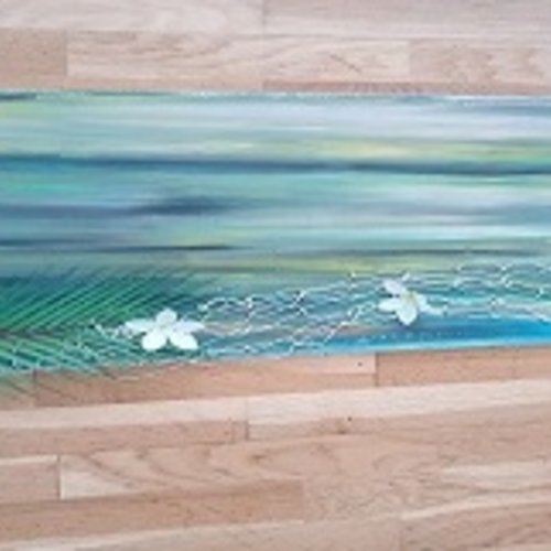 Long tableau végétal exotique 120x40 cm ( feuille de palmier, fleurs blanches, filet de pêche)