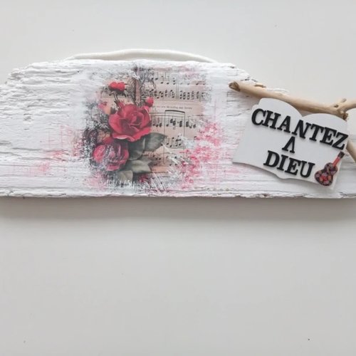 Décoration chrétienne vintage à suspendre avec bois flotté / note musicale