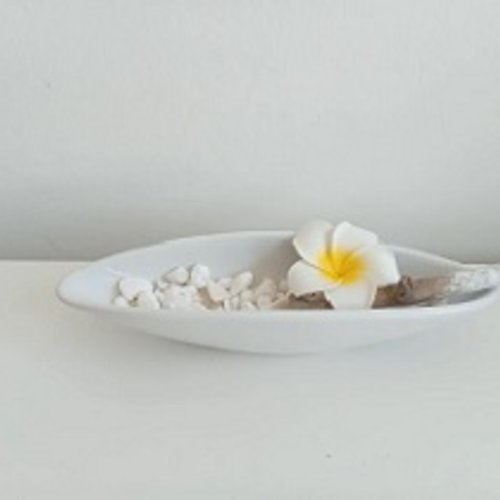 Coupelle exotique  polybnésie ( fleur frangipane, cailloux blanc, bois flotté)