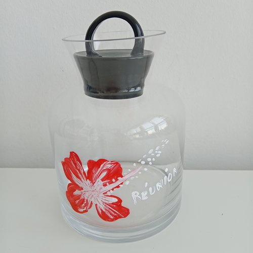 Bocal en verre alimentaire avec motifs hibiscus peint - souvenir ile de la réunion 974