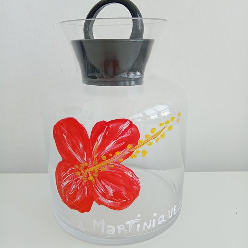 Bocal en verre alimentaire avec motifs hibiscus peint - souvenir ile de la martinique